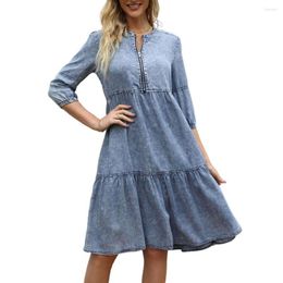 Casual Dresses High Waist Denim Dress Women Ruffled Hem Zipper Half Placket 3/4 Sleeve Solid Color Distressed Summer 2023