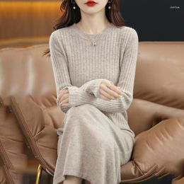 Casual Dresses Woolen Sweater Women's Long Dress Round Neck Pullover Over Knee Length Soft Fit Solid Cashmere Knitted Bottom Skirt