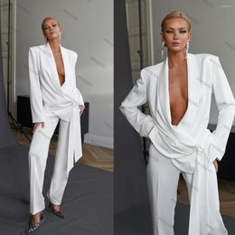 Women's Two Piece Pants Elegant Shawl Lapel Women White Dress Suits Custom Made Loose Sexy Lace Up Jacket Daily Casual Wide Leg 2 Pieces