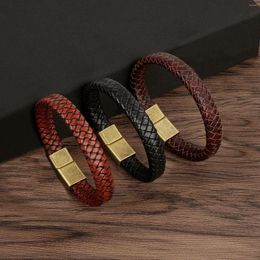 Charm Bracelets Retro Red Brown Black Woven Leather Bracelet Men Cuff Magnetic Buckle Bangle Friendship Simple Jewelry Gift Wholesale