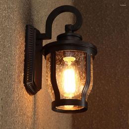 Wall Lamp Vintage Black Painted Metal Glass Waterproof Antirust Sconce With Edison Bulb Outdoor Courtyard Garden