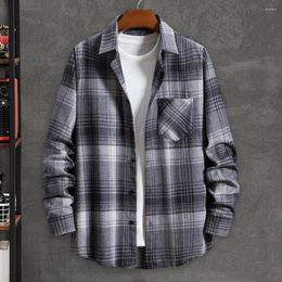 Men's Casual Shirts Men Fall Shirt Coat Plaid Print Turn-down Collar Long Sleeve Loose Cardigan Mid Length Spring Jacket