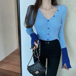 Women's Sweaters Fall 2023 Women Fashion V-neck Colour Block Long Sleeve Knitted Pullover Female Autumn Chic Clothes Sueter Jumper