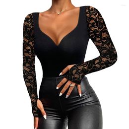 Women's T Shirts Sexy Deep V Neck Black Lace Women Tshirts Hollow Out Long Sleeve Tops Ladies 2023 Casual Slim Fit Splice T-shirt 27299