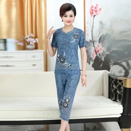 Women's Two Piece Pants Large Size Women 2 Set Loose Print Short-sleeved T-shirt Tops Suits Middle-aged Mother Summer