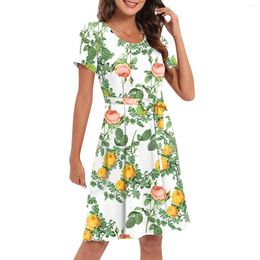 Casual Dresses Womens High Waist Floral A-line Crew Neck Dress Summer Short Sleeve Mini Swing Boho Beach Sundress With Belt