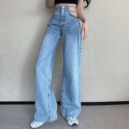 Women's Jeans Streetwear Side Cross Chain Hollow Out Wide-leg High Waist Pants Sexy Elegant Ladies Europe Fashion Woman