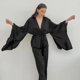 Women's Sleepwear Black Pyjamas Sets For Women Batwing Long-sleeve Cardigan Nightgown With Belt Loose Pants 2Pcs Nightclothes Lady Home