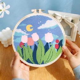 Chinese Style Products Moon Floral Pattern Punch Needle Embroidery Starter with Yarns And Instructions Cross Stitch DIY Craft Home Decor Gift