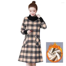 Casual Dresses Autumn Winter Thick Fleece Warm Dress Turtleneck Long Sleeve Plaid Vintage Midi Women Plus Size Vestidos Pockets