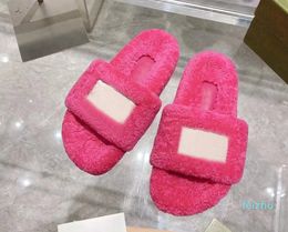 high quality winter shoe Cartoon slippers fashion Lazy black white letter slipper women designer shoes sexy platform Lady 100% keep warm wool flops