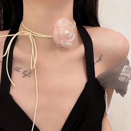 Choker Retro Pink Big Flower Lace Collar Sexy Neck Camellia Pearl Necklace Women Girls Jewelry Dinner