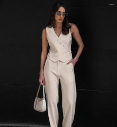 Women's Two Piece Pants Clothland Women Chic Office Wear Set V Neck Sleeveless Waistcost Vest Long Trousers Formal Suit TA102