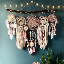 Decorative Objects Figurines 5pcs Handmade Feather Dream Catcher Set Hanging Dreamcatcher Ornament Wind Chimes Art For Home Decoration Room Decor Wall Art 230803