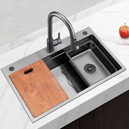 Black Stainless Steel Kitchen Sink Gun Grey Nano Kichen Sink Strainer Multifunctional Table Board Single Bowl Sink