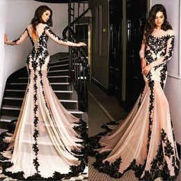 Sjöjungfrun kväll Setwell Black Lace Appliced ​​Sheer Jewel Sleeve Prom Dress Sweep Train Long Formal Party Gowns