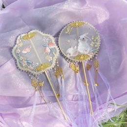 Chinese Style Products Children's Ancient Style Hanfu Dance Fan Embroidery Hand Fan For Women Runway Show Shoot Long Handle Wedding Decoration