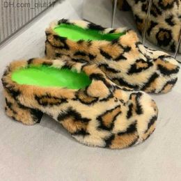 Dress Shoes Women's round toe leopard mule fur mixed Colour slider winter platform pump wedge shaped high heels Z230804