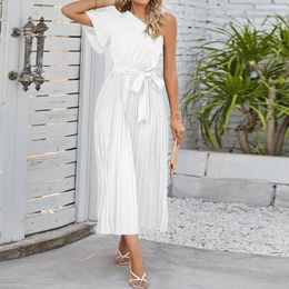Casual Dresses Elegant Women's 2023 Summer Dress One Shoulder Pleated Layered Cocktail With Belt Ladies 90s Loose Sundress