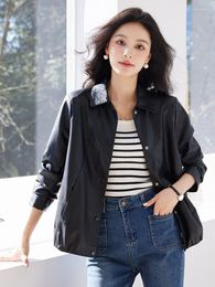 Women's Leather Chic Moto Faux Jacket Women Spring Fall Cool Girl Black Biker Coat Korean Elegant Slim Fit Pu Cropped Tops Mujer Suede