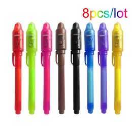 Markers 8Pcs/lot 2 In 1 Magic Light Pen Invisible Ink Pen Secrect Message pens for Drawing Fun Activity Kids Party Favours Gift 230803