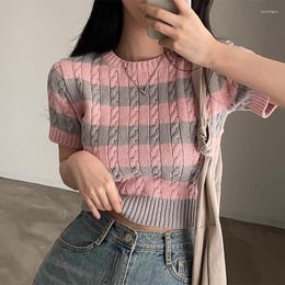 Women's Sweaters Neploe 2023 Summer Casual All-match Elegant Short-sleeved Pullover Striped Contrast Colour Slim-fit Age-reducing Tops