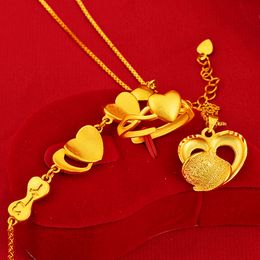 plating gold Women's love heart Ring Necklace Bracelet Three Piece Set Wedding Jewellery Set