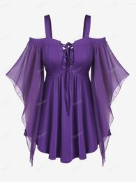 Women's T Shirts ROSEGAL Plus Size Lace Up Cold Shoulder T-shirt 2023 Fashion Purple Butterfly Sleeves Top For Women