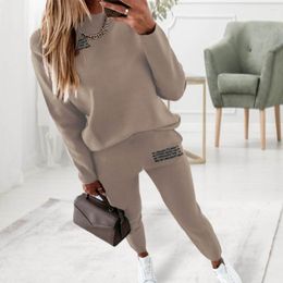 Women's Two Piece Pants 2 Pcs/Set Women Tracksuit Elastic Waist Long Sleeves Crew Neck Pockets Warm Casual Pullover Sweatshirt Sweatpants