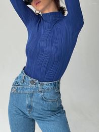 Women's T Shirts Spring Autumn Slim Tee Tops Women Solid Blue Irregular Texture Jacquard Long Sleeve Half High Neck T-Shirt For 2023