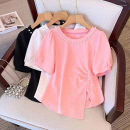 Women's T Shirts 2023 Fashion T-shirt Summer Beaded Sweet Tops Female Asymmetric Split Short Sleeve Loose Tees Ladies Solid Colour 4XL