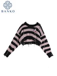 Women's Sweaters Pink Striped Gothic Sweaters Women Ripped Holes Loose Knitted Pullover Frayed Fairy Grunge Jumpers Streetwear Crop Tops Ladies 230803