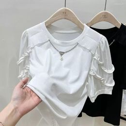 Women's T Shirts 2023 French White Short Sleeve T-shirt For Summer Unique Ruffled Loose Tops Trend Solid Colour Casual Tees