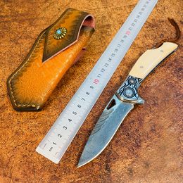 1Pcs S7219 Flipper Folding Knife Damascus Steel Straight Point Blade Bone with Steel Head Handle Ball Bearing Fast Open Folder Knives with Leather Sheath