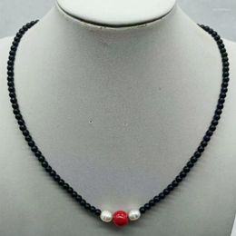 Chains Fine 4mm Black Onyx &7-8mm White Rice Pearl &10mm Red Coral Round Beads Necklace 18" Lady Jewelry Gift