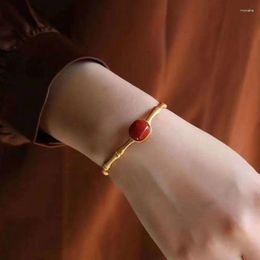 Bangle Natural South Red Agate S925 Sterling Silver Set With Gold Plated Open Bamboo Knotty Ancient Bracelet For Women