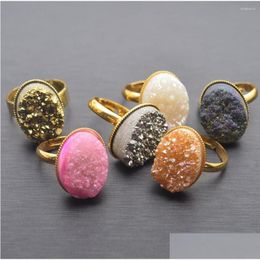 Rings Natural Crystal Druzy Finger Ring Charm Exaggerated Gold Plating Minerals Geode Gem Stone Oval For Women Drop Delivery Jewelry Dh7G9