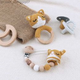 Pacifier Holders Clips# Crochet cartoon animal baby mouse Kawai wooden ring handheld newborn mouse toy+handmade pacifier clip children's educational toy Z230804