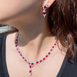 Vintage Rubino Designer Set di Gioielli in Rame Collana Orecchino Rosso AAA Cubic Zirconia Damigella d'Onore Set di Gioielli in Argento Africano da Sposa per Donna Collane di Nozze Confezione Regalo