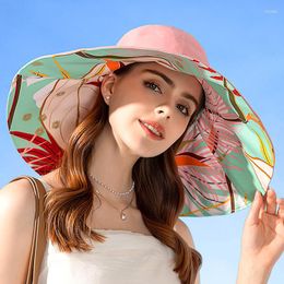 Wide Brim Hats Women Double Sided Wearable Sun Hat Large Plant Print Elegant Protection Bucket Beach Cap Light Breathable