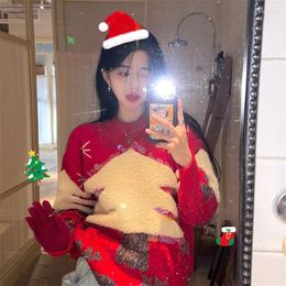 Women's Sweaters Korean Winter Sweet Girl Loose Pullover Kawaii O-Neck Vintage Lazy Keep Color Contrast Christmas Tree Warm Red Knitting