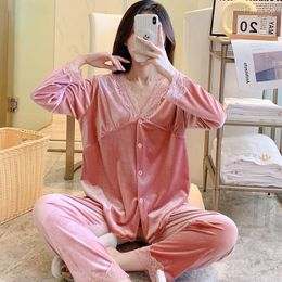 Women's Sleepwear Female Velvet Pyjamas Set Autumn Winter Nightwear Sexy Pink V-Neck Lace Trim Trouser Suits Loose Velour Home Wear