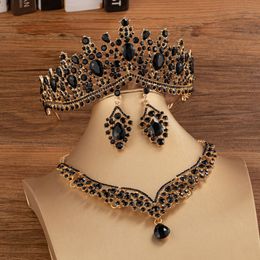 Wedding Jewellery Sets KMVEXO Fashion Black Colour Crystal Bridal Tiaras Crown Earrings Choker Necklace Women Dress Set 230804