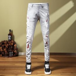 Men's Jeans Street Fashion Men Retro Light Gray Elastic Stretch Skinny Ripped Painted Designer Hip Hop Pencil Pants Hombre