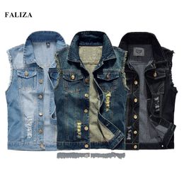 Men's Vests FALIZA Mens Denim Vests Ripped Sleeveless Jeans Jacket Men Waistcoats Cotton Gilet Tank West Cowboy Hip Hop Streetwear MDJ07 230803