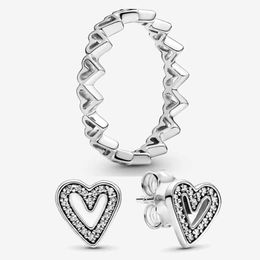 Freehand Hearts Ring Stud Earrings Set for Pandora 925 Sterling Silver Love Rings designer Earring For Women Girls Wedding Gift Luxury Jewelry set with Original Box