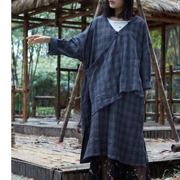 Casual Dresses Johnature Women Plaid Dress Irregular Robe 2023 Spring V-Neck Bat Sleeve Cotton Clothes Loose Quality