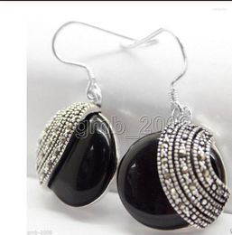 Dangle Earrings Jewellery Handmade 925 Sterling Silver 18 18mm Nature Black Natural Stone Beads Marcasite