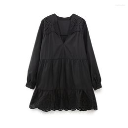 Casual Dresses Spring And Summer Hollow Embroidery V-shaped Round Neck Long-sleeved Dress Loose Slim Short Skirts