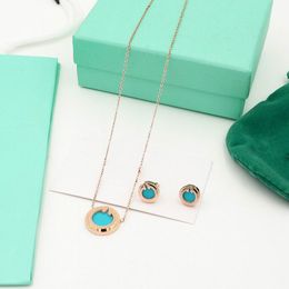 2023 lovely cute long rose gold thin stainless steel chain blue crystal round plate design Women necklace earrings suit with dust bag and box